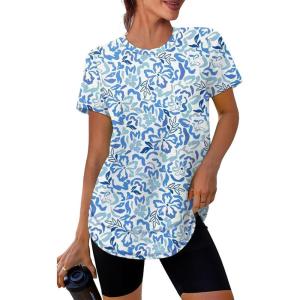 Womens Workout Tops Short Sleeve Shirts with Sun Protection UPF 50+ Quick Dry Outfits for Hiking Running S-3XL(23 Blue White Floral)