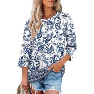 XIEERDUO 3/4 Length Sleeve Tops for Women Business Casual Blouses Slit Side Shirts Blouses Summer Fashion Clothes 2026(Floral Blue)