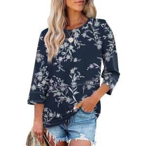 XIEERDUO 3/4 Length Sleeve Tops for Women Business Casual Blouses Slit Side Shirts Blouses Summer Fashion Clothes 2026(Floral Navy)