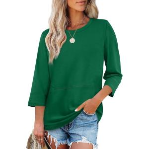 XIEERDUO 3/4 Length Sleeve Tops for Women Business Casual Blouses Slit Side Shirts Blouses Summer Fashion Clothes 2026(Green)