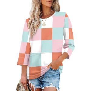 XIEERDUO 3/4 Length Sleeve Tops for Women Business Casual Blouses Slit Side Shirts Blouses Summer Fashion Clothes 2026(Plaid Print)