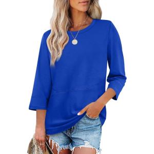 XIEERDUO 3/4 Length Sleeve Tops for Women Business Casual Blouses Slit Side Shirts Blouses Summer Fashion Clothes 2026(Royal Blue)