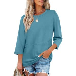 XIEERDUO 3/4 Length Sleeve Tops for Women Business Casual Blouses Slit Side Shirts Blouses Summer Fashion Clothes 2026(Turquoise)