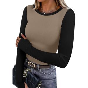 XIEERDUO Long Sleeve Thermal Shirt for Women Fleece Slim Fit Tops Crewneck Basic T-Shirts with Thumb Holes Fall Fashion 2025(Colorblock-khaki&black)
