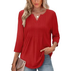 XIEERDUO Womens 3/4 Sleeve Tops 2025 V-Neck Casual Pleated Shirts Blouses Beach Vacation Fall Fashion Clothes Outfits(A-red)