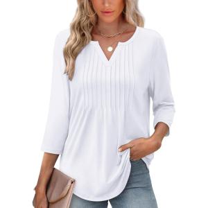 XIEERDUO Womens 3/4 Sleeve Tops 2025 V-Neck Casual Pleated Shirts Blouses Beach Vacation Fall Fashion Clothes Outfits(A-white)