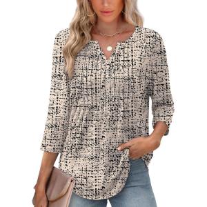 XIEERDUO Womens 3/4 Sleeve Tops 2025 V-Neck Casual Pleated Shirts Blouses Beach Vacation Fall Fashion Clothes Outfits(F-beige Black Speckle)