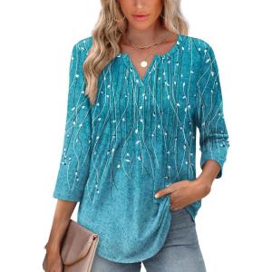 XIEERDUO Womens 3/4 Sleeve Tops 2025 V-Neck Casual Pleated Shirts Blouses Beach Vacation Fall Fashion Clothes Outfits(F-blue Gradient)