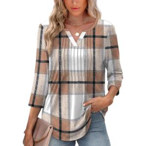 XIEERDUO Womens 3/4 Sleeve Tops 2025 V-Neck Casual Pleated Shirts Blouses Beach Vacation Fall Fashion Clothes Outfits(F-brown Blue Plaid)