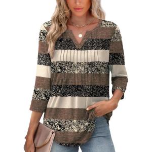 XIEERDUO Womens 3/4 Sleeve Tops 2025 V-Neck Casual Pleated Shirts Blouses Beach Vacation Fall Fashion Clothes Outfits(F-brown Stripe)