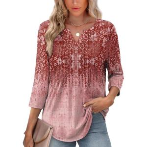 XIEERDUO Womens 3/4 Sleeve Tops 2025 V-Neck Casual Pleated Shirts Blouses Beach Vacation Fall Fashion Clothes Outfits(F-burgundy Floral)
