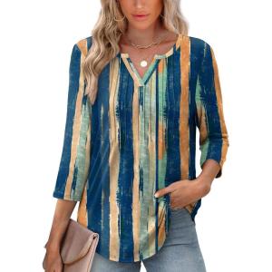 XIEERDUO Womens 3/4 Sleeve Tops 2025 V-Neck Casual Pleated Shirts Blouses Beach Vacation Fall Fashion Clothes Outfits(F-color Streak)