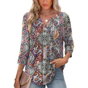 XIEERDUO Womens 3/4 Sleeve Tops 2025 V-Neck Casual Pleated Shirts Blouses Beach Vacation Fall Fashion Clothes Outfits(F-colorful Paisley)