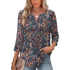 XIEERDUO Womens 3/4 Sleeve Tops 2025 V-Neck Casual Pleated Shirts Blouses Beach Vacation Fall Fashion Clothes Outfits(F-dark Blue Floral)