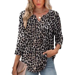 XIEERDUO Womens 3/4 Sleeve Tops 2025 V-Neck Casual Pleated Shirts Blouses Beach Vacation Fall Fashion Clothes Outfits(F-leopard Print)