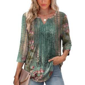 XIEERDUO Womens 3/4 Sleeve Tops 2025 V-Neck Casual Pleated Shirts Blouses Beach Vacation Fall Fashion Clothes Outfits(F-vintage Floral)