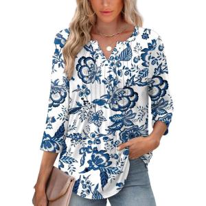 XIEERDUO Womens 3/4 Sleeve Tops 2025 V-Neck Casual Pleated Shirts Blouses Beach Vacation Fall Fashion Clothes Outfits(F-white Tribal Blue Floral)