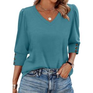 XIEERDUO Womens 3/4 Sleeve Tops with Buttons V-Neck Summer Outfits Casual Blouses Shirts Beach Vacation Fall Clothes 2025(A-blue Green)