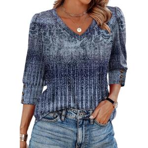 XIEERDUO Womens 3/4 Sleeve Tops with Buttons V-Neck Summer Outfits Casual Blouses Shirts Beach Vacation Fall Clothes 2025(F-ashy Blue Gradient)