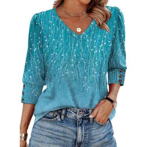XIEERDUO Womens 3/4 Sleeve Tops with Buttons V-Neck Summer Outfits Casual Blouses Shirts Beach Vacation Fall Clothes 2025(F-blue Dotted Lines)
