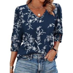 XIEERDUO Womens 3/4 Sleeve Tops with Buttons V-Neck Summer Outfits Casual Blouses Shirts Beach Vacation Fall Clothes 2025(F-blue Floral)