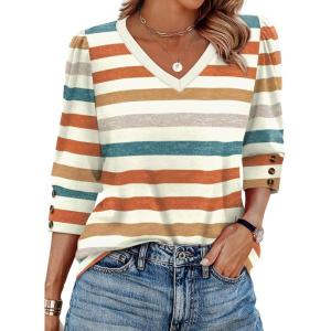 XIEERDUO Womens 3/4 Sleeve Tops with Buttons V-Neck Summer Outfits Casual Blouses Shirts Beach Vacation Fall Clothes 2025(F-colorful Stripes)