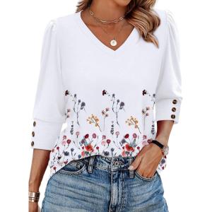 XIEERDUO Womens 3/4 Sleeve Tops with Buttons V-Neck Summer Outfits Casual Blouses Shirts Beach Vacation Fall Clothes 2025(F-dandelion)