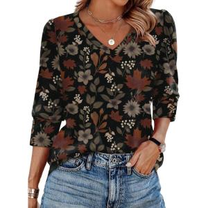 XIEERDUO Womens 3/4 Sleeve Tops with Buttons V-Neck Summer Outfits Casual Blouses Shirts Beach Vacation Fall Clothes 2025(F-dark Floral Leaf)