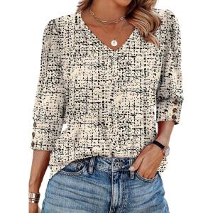 XIEERDUO Womens 3/4 Sleeve Tops with Buttons V-Neck Summer Outfits Casual Blouses Shirts Beach Vacation Fall Clothes 2025(F-grid Texture)