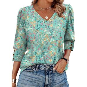 XIEERDUO Womens 3/4 Sleeve Tops with Buttons V-Neck Summer Outfits Casual Blouses Shirts Beach Vacation Fall Clothes 2025(F-pink Green Floral)