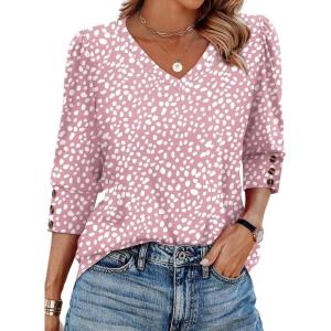 XIEERDUO Womens 3/4 Sleeve Tops with Buttons V-Neck Summer Outfits Casual Blouses Shirts Beach Vacation Fall Clothes 2025(F-pink Leopard)