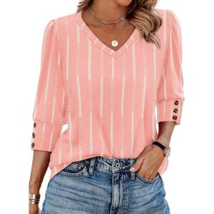 XIEERDUO Womens 3/4 Sleeve Tops with Buttons V-Neck Summer Outfits Casual Blouses Shirts Beach Vacation Fall Clothes 2025(F-pink Stripes)