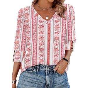 XIEERDUO Womens 3/4 Sleeve Tops with Buttons V-Neck Summer Outfits Casual Blouses Shirts Beach Vacation Fall Clothes 2025(F-red Floral Stripe)