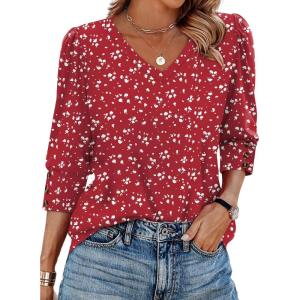 XIEERDUO Womens 3/4 Sleeve Tops with Buttons V-Neck Summer Outfits Casual Blouses Shirts Beach Vacation Fall Clothes 2025(F-red White Dot)
