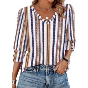 XIEERDUO Womens 3/4 Sleeve Tops with Buttons V-Neck Summer Outfits Casual Blouses Shirts Beach Vacation Fall Clothes 2025(F-retro Stripe)