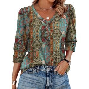 XIEERDUO Womens 3/4 Sleeve Tops with Buttons V-Neck Summer Outfits Casual Blouses Shirts Beach Vacation Fall Clothes 2025(F-vintage Boho)