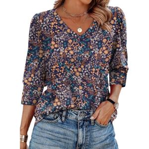 XIEERDUO Womens 3/4 Sleeve Tops with Buttons V-Neck Summer Outfits Casual Blouses Shirts Beach Vacation Fall Clothes 2025(F-vintage Floral)
