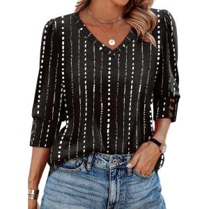 XIEERDUO Womens 3/4 Sleeve Tops with Buttons V-Neck Summer Outfits Casual Blouses Shirts Beach Vacation Fall Clothes 2025(F-white Striped Black)