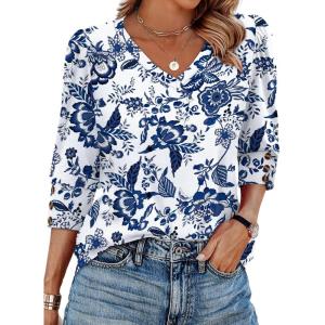 XIEERDUO Womens 3/4 Sleeve Tops with Buttons V-Neck Summer Outfits Casual Blouses Shirts Beach Vacation Fall Clothes 2025(F-white Tribal Blue Floral)