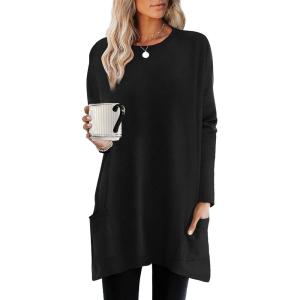 XIEERDUO Womens Tunic Tops Long Sleeve Crew Neck High Low Hem Loose Fit Shirts Blouses with Pockets(Black)
