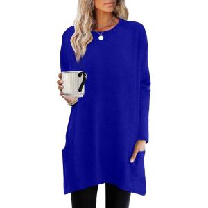 XIEERDUO Womens Tunic Tops Long Sleeve Crew Neck High Low Hem Loose Fit Shirts Blouses with Pockets(Blue)