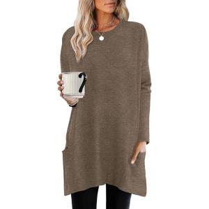 XIEERDUO Womens Tunic Tops Long Sleeve Crew Neck High Low Hem Loose Fit Shirts Blouses with Pockets(Brown)