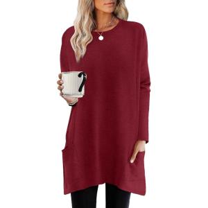 XIEERDUO Womens Tunic Tops Long Sleeve Crew Neck High Low Hem Loose Fit Shirts Blouses with Pockets(Burgundy)