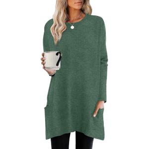 XIEERDUO Womens Tunic Tops Long Sleeve Crew Neck High Low Hem Loose Fit Shirts Blouses with Pockets(Green)