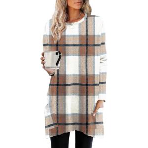 XIEERDUO Womens Tunic Tops Long Sleeve Crew Neck High Low Hem Loose Fit Shirts Blouses with Pockets(Plaid)