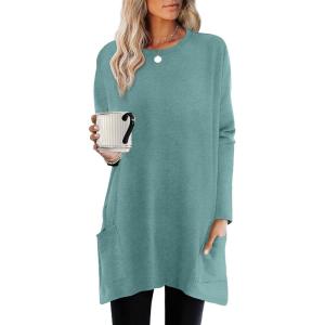 XIEERDUO Womens Tunic Tops Long Sleeve Crew Neck High Low Hem Loose Fit Shirts Blouses with Pockets(Turquoise)