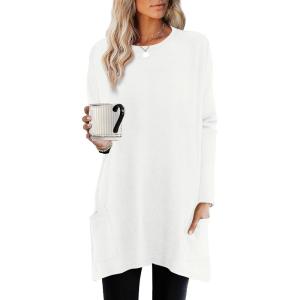 XIEERDUO Womens Tunic Tops Long Sleeve Crew Neck High Low Hem Loose Fit Shirts Blouses with Pockets(White)