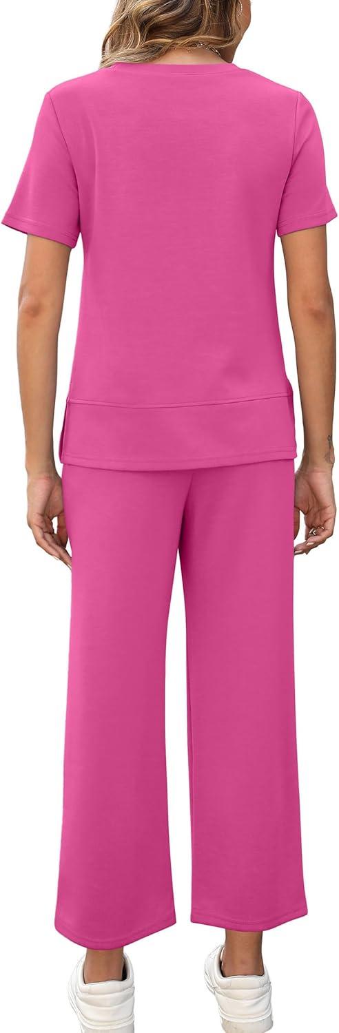 imageXIEERDUO Ladies Plus Size Two Piece Travel Outfits 2 Pc Lounge Set Summer Short Sleeve Tracksuit Wide Leg Loungewear Spring Sweatsuit Fashion Jumpsuit Vacation Clothes Pink 3XL