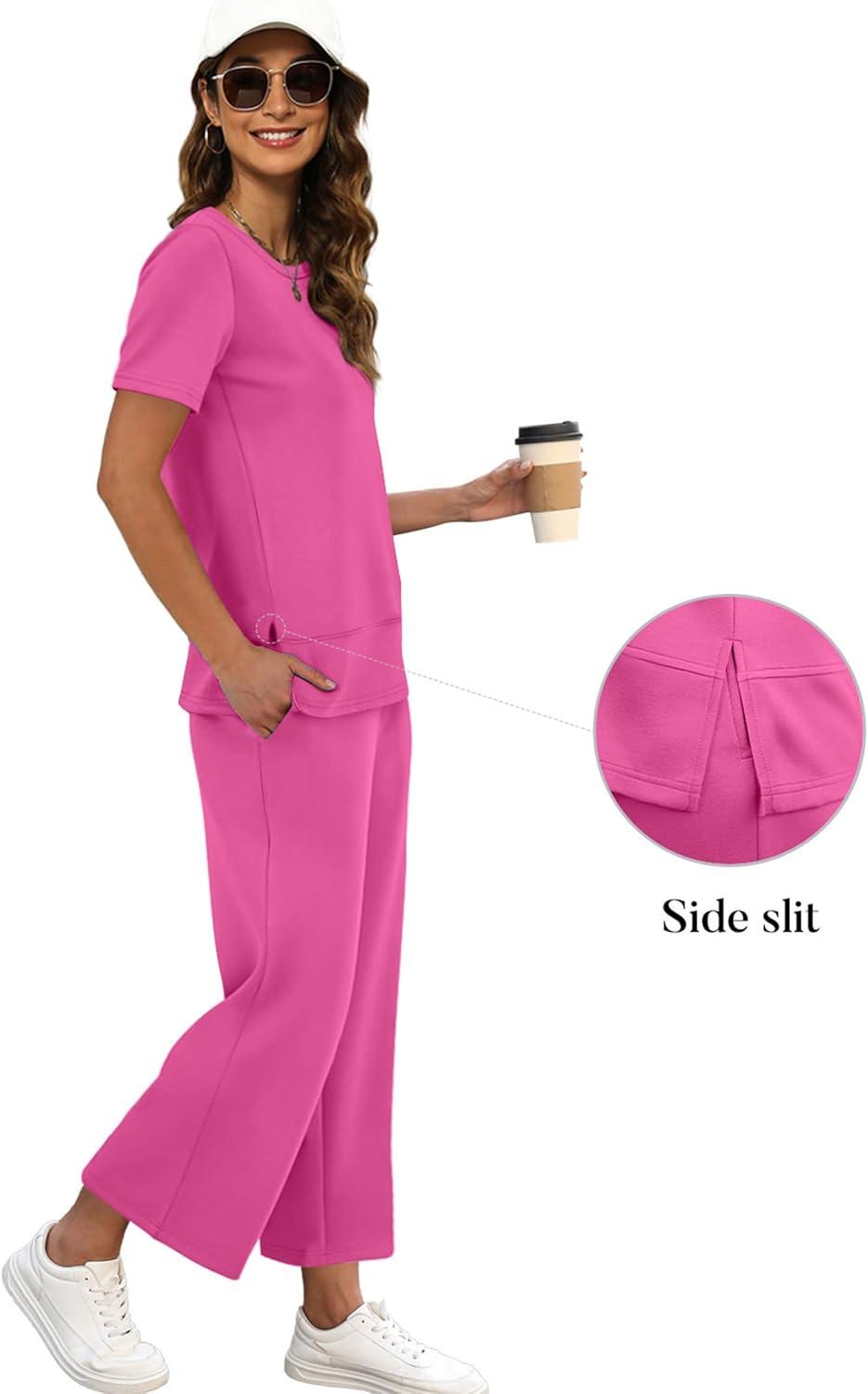 imageXIEERDUO Ladies Plus Size Two Piece Travel Outfits 2 Pc Lounge Set Summer Short Sleeve Tracksuit Wide Leg Loungewear Spring Sweatsuit Fashion Jumpsuit Vacation Clothes Pink 3XL