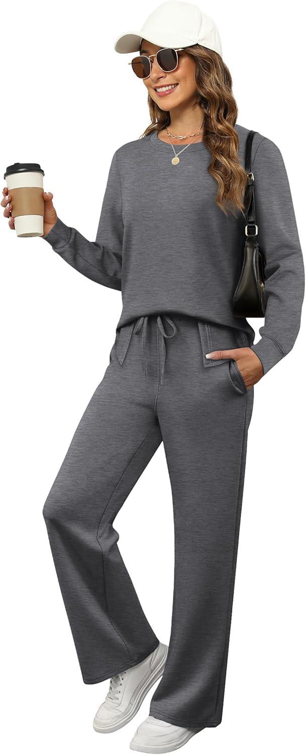 imageXIEERDUO Womens 2 Piece Lounge Sets Side Slit Outfits Wide Leg Tracksuit Comfy Loungewear Fashion Sweatsuit S3XLB Dark Grey